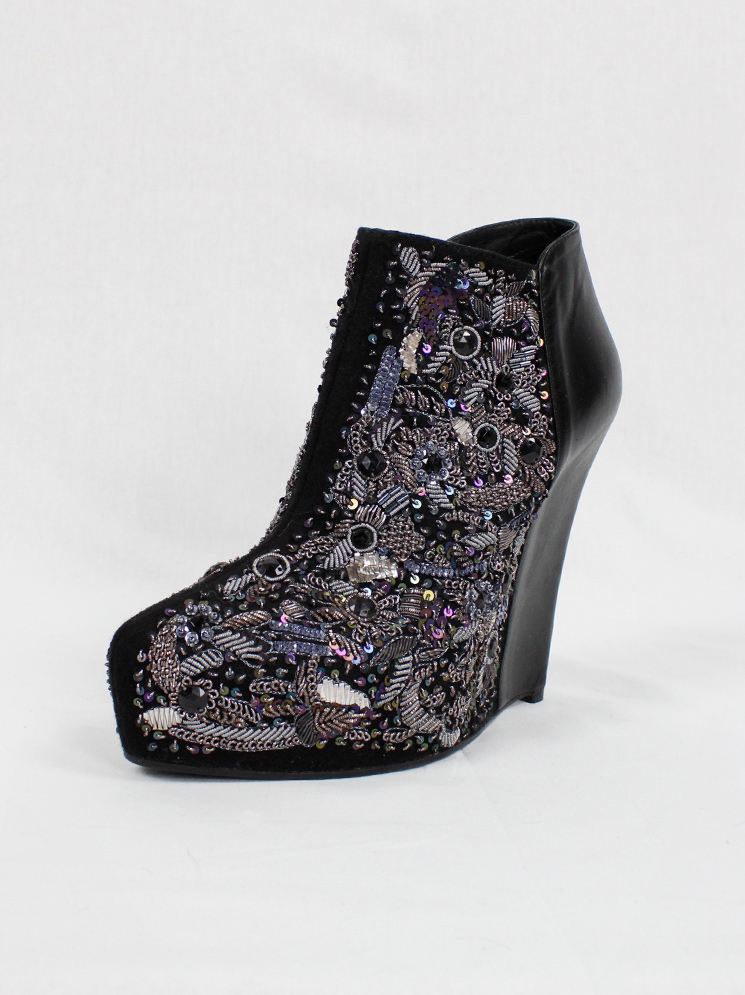 vintage a f Vandevorst black platform wedge boots with beaded and embroidered front fall 2012 (11)