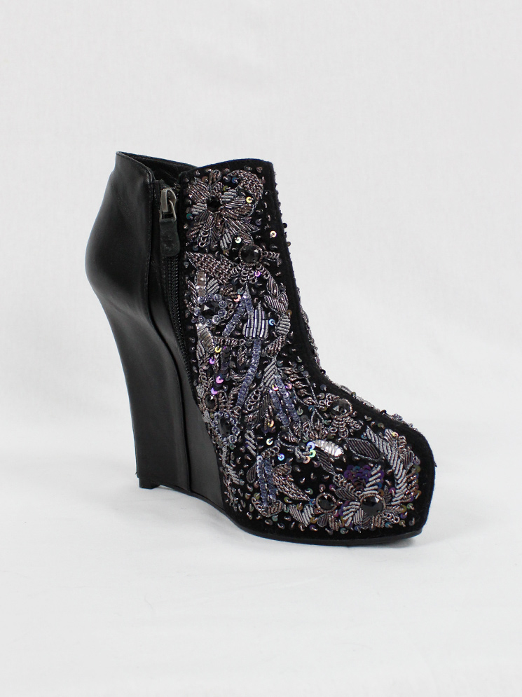 vintage a f Vandevorst black platform wedge boots with beaded and embroidered front fall 2012 (13)