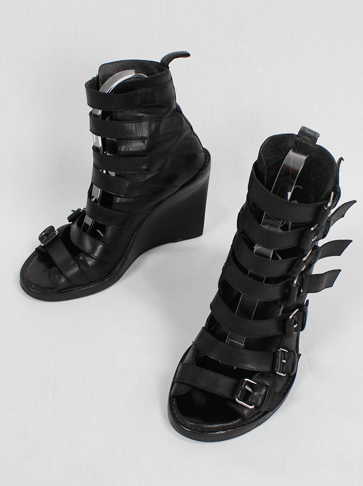 vintage Ann Demeulemeester black gladiator wedge sandals with buckle belts runway spring 2010 (1)