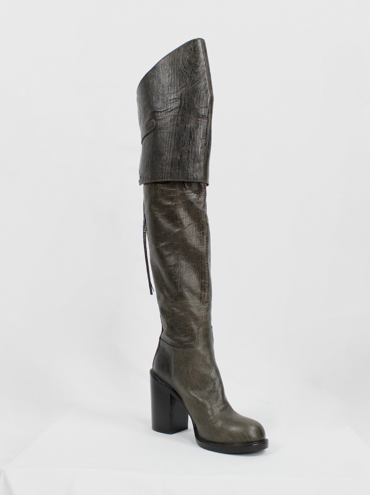 vintage af Vandevorst brown tall riding boots in textured wood print with studded knee panel fall 2014 (10)