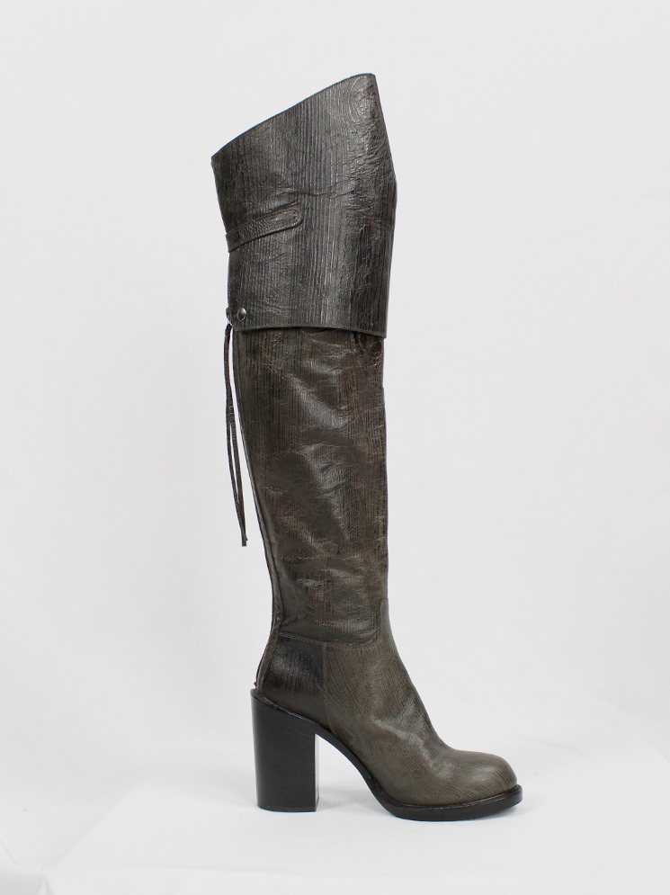vintage af Vandevorst brown tall riding boots in textured wood print with studded knee panel fall 2014 (11)