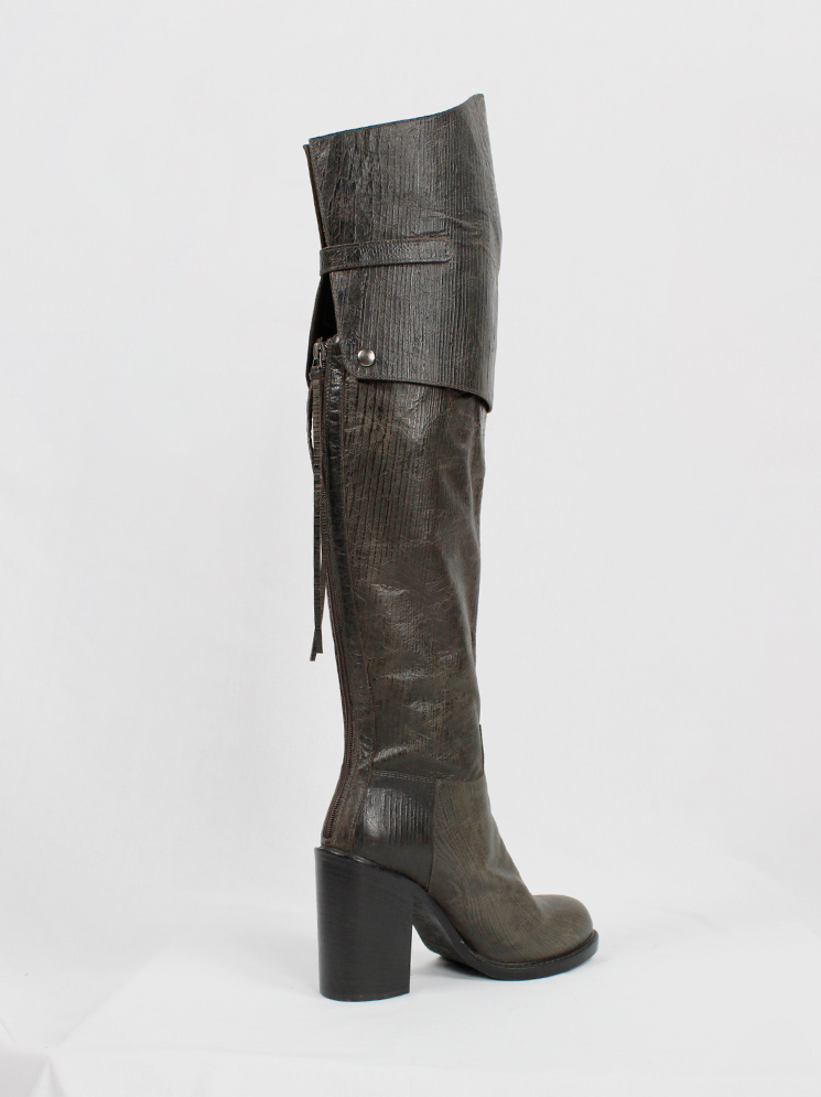 vintage af Vandevorst brown tall riding boots in textured wood print with studded knee panel fall 2014 (12)