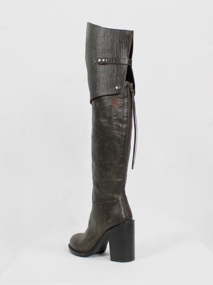 vintage af Vandevorst brown tall riding boots in textured wood print with studded knee panel fall 2014 (14)