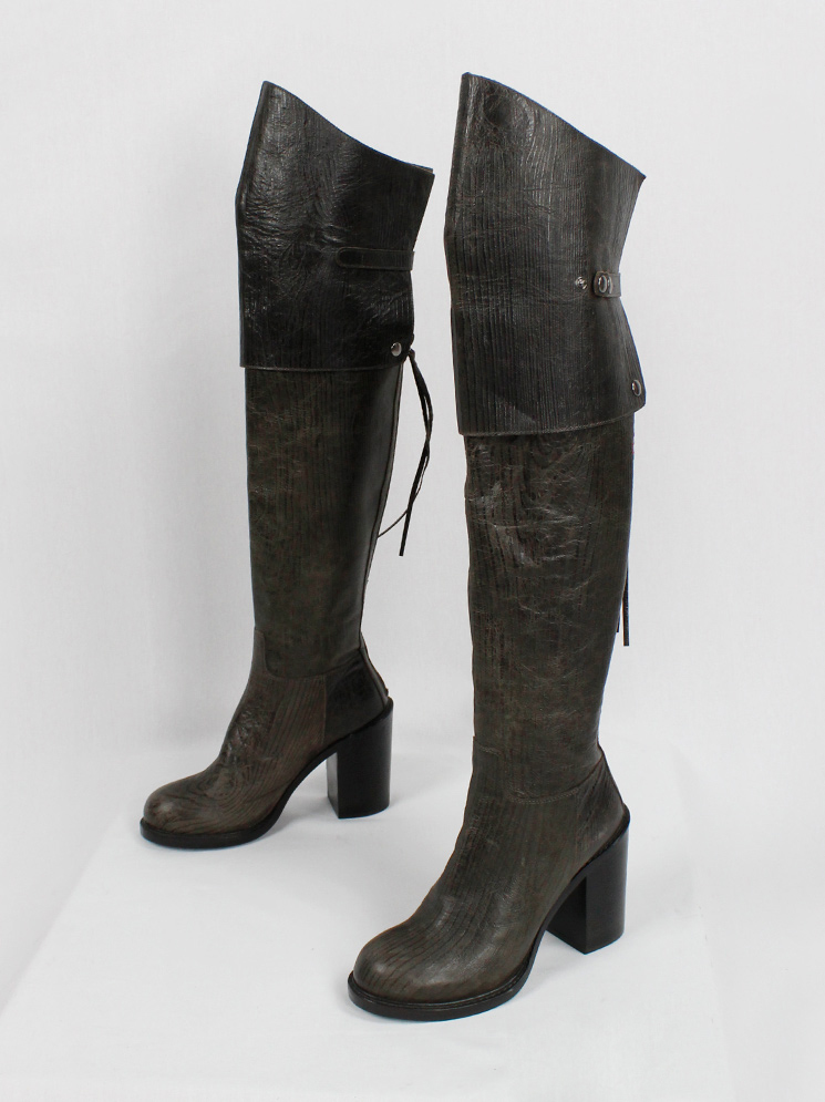 vintage af Vandevorst brown tall riding boots in textured wood print with studded knee panel fall 2014 (15)