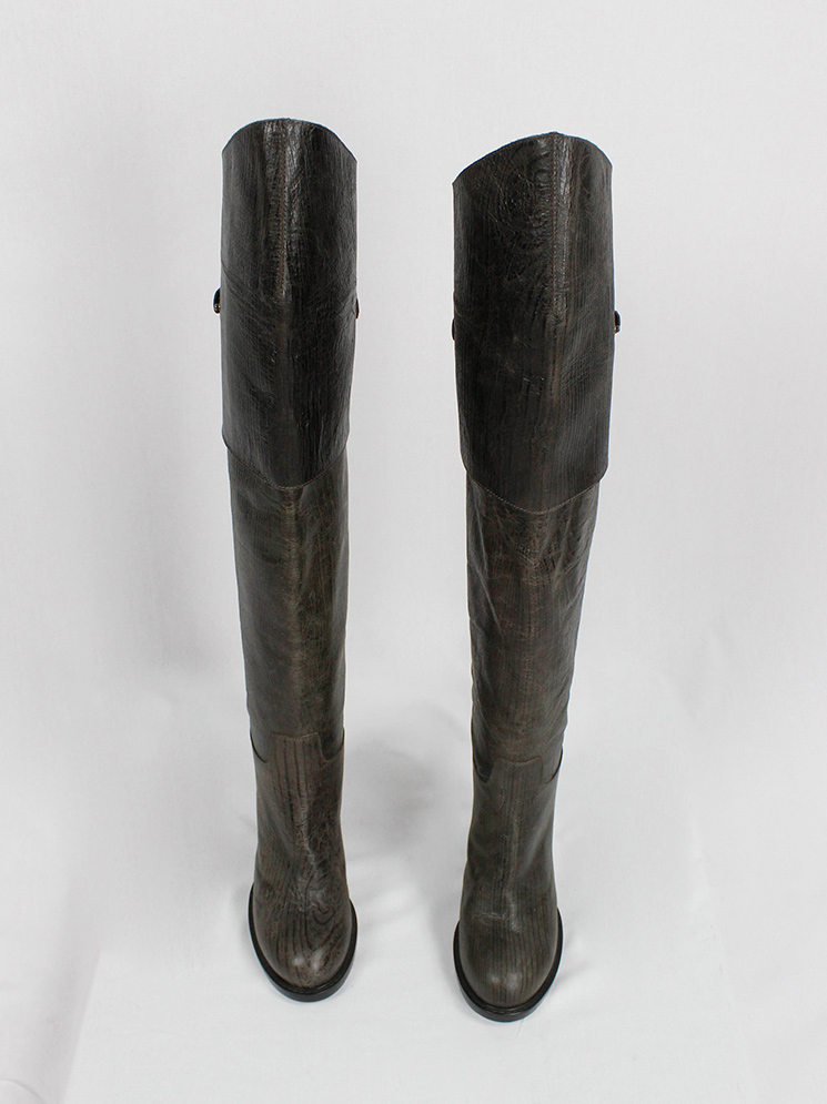 vintage af Vandevorst brown tall riding boots in textured wood print with studded knee panel fall 2014 (17)