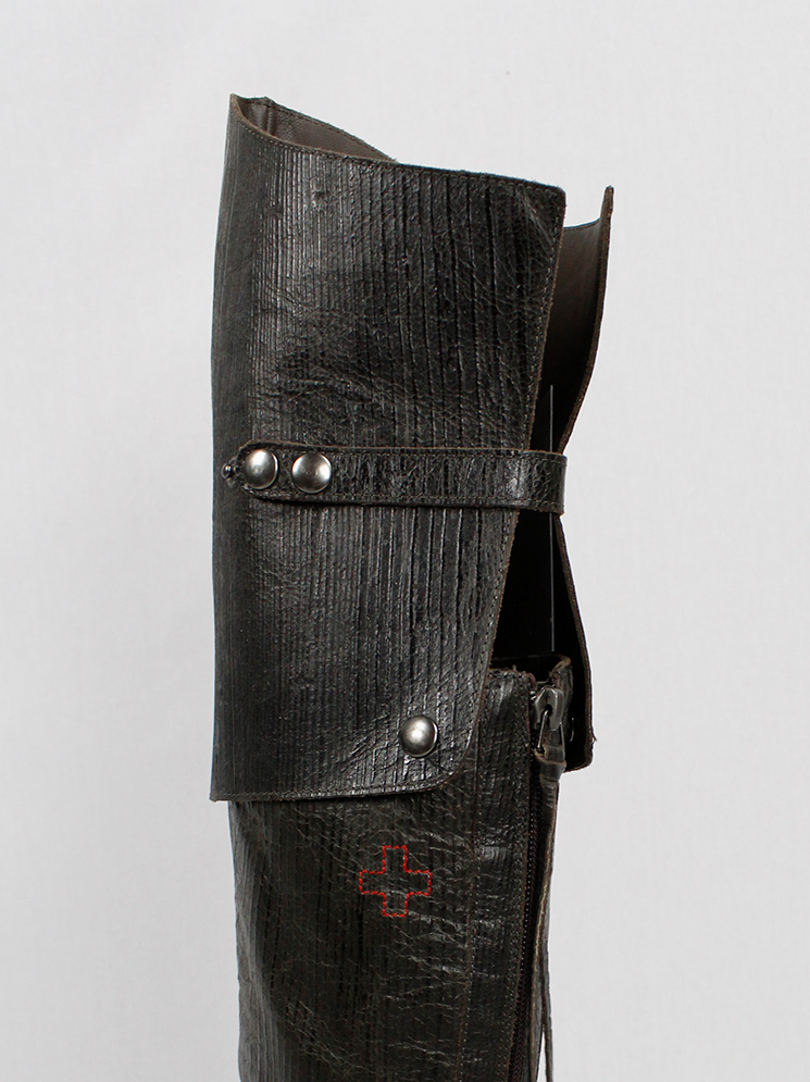 vintage af Vandevorst brown tall riding boots in textured wood print with studded knee panel fall 2014 (23)
