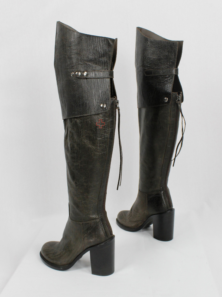 vintage af Vandevorst brown tall riding boots in textured wood print with studded knee panel fall 2014 (25)