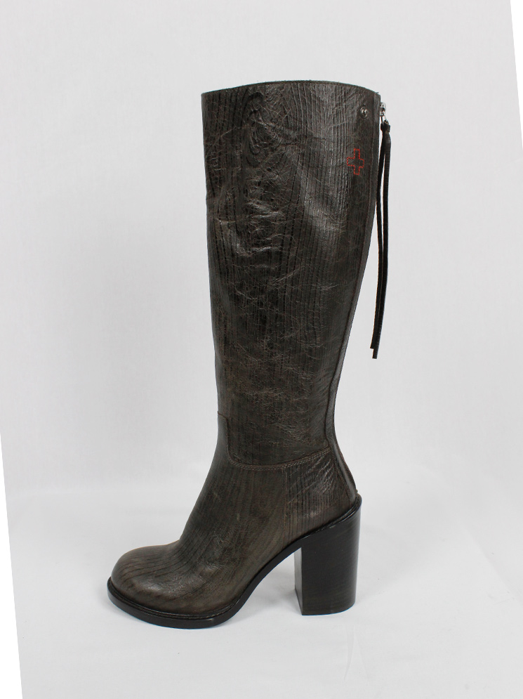 vintage af Vandevorst brown tall riding boots in textured wood print with studded knee panel fall 2014 (29)