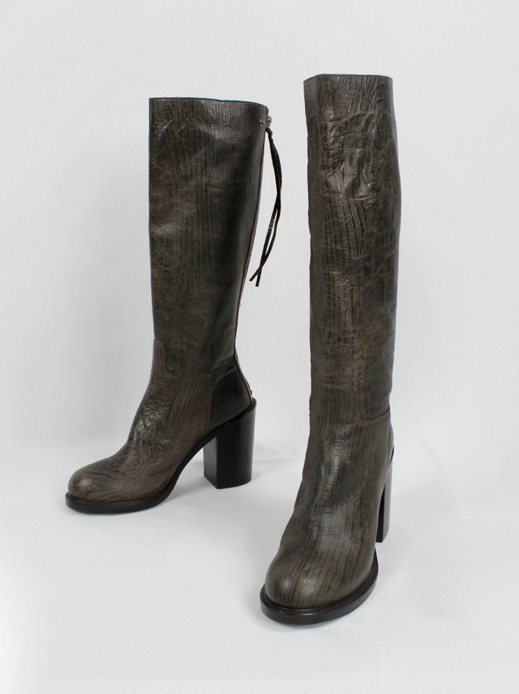 vintage af Vandevorst brown tall riding boots in textured wood print with studded knee panel fall 2014 (30)
