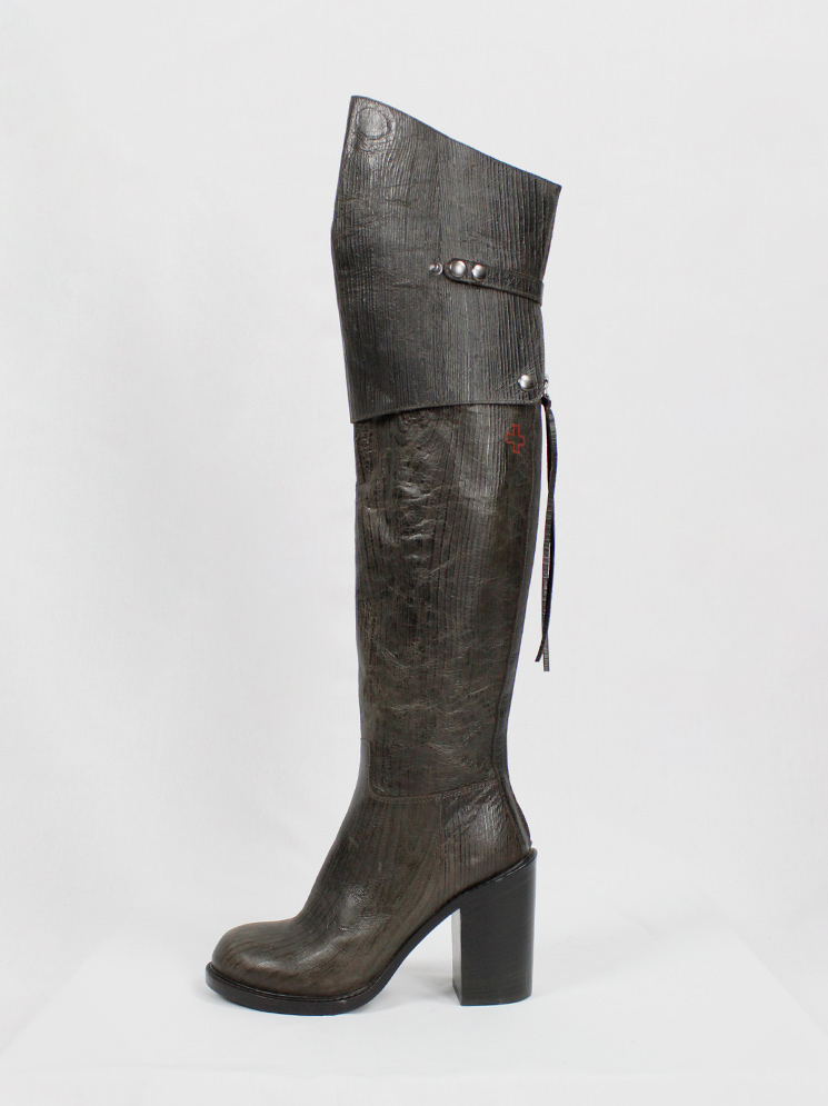 vintage af Vandevorst brown tall riding boots in textured wood print with studded knee panel fall 2014 (7)