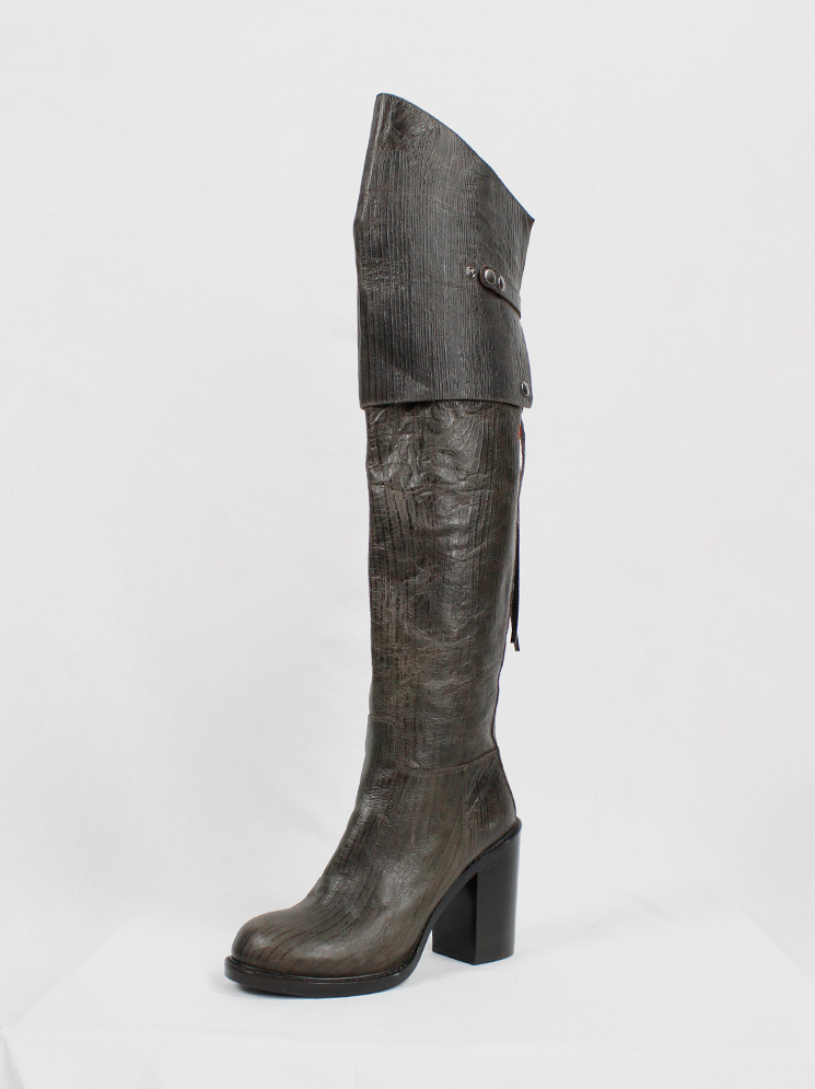 vintage af Vandevorst brown tall riding boots in textured wood print with studded knee panel fall 2014 (8)