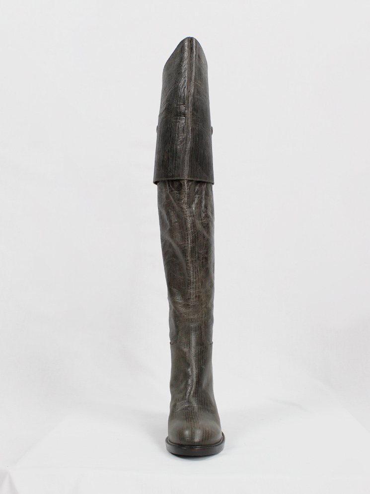 vintage af Vandevorst brown tall riding boots in textured wood print with studded knee panel fall 2014 (9)