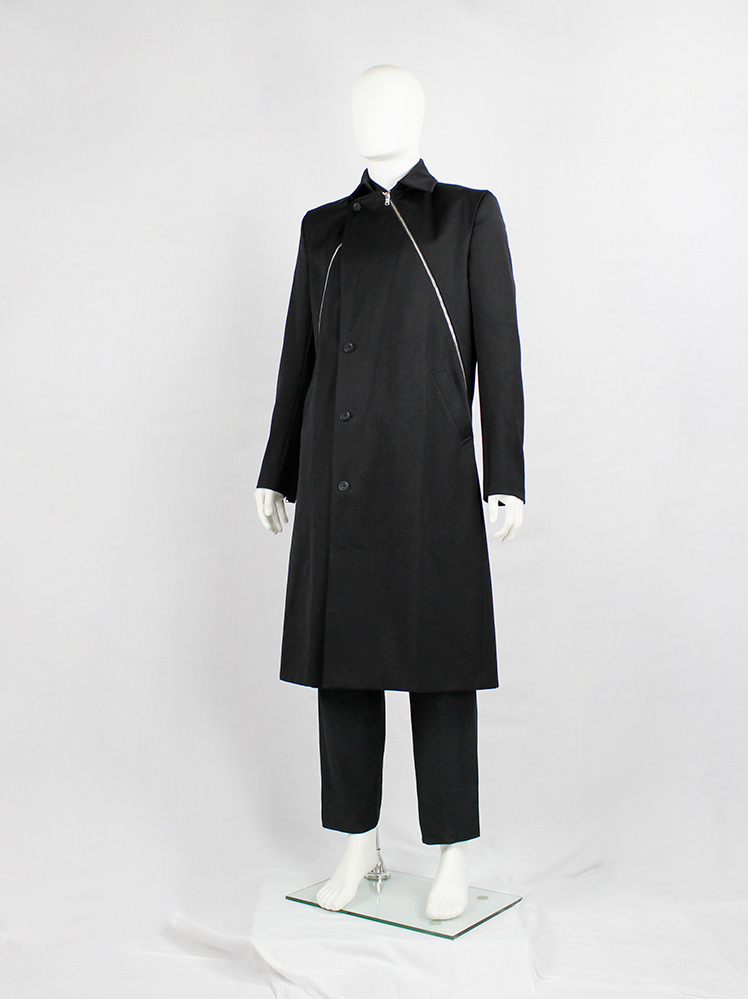 vintage Xavier Delcour black long coat with two silver zippers going from front to back 1990s 90s (14)