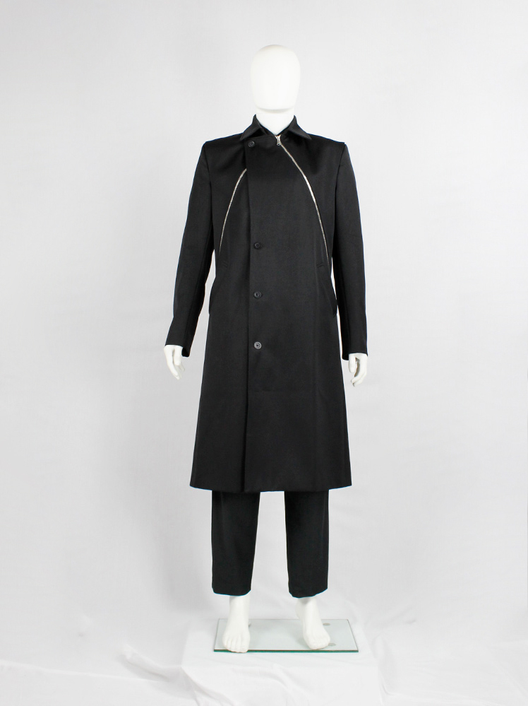 vintage Xavier Delcour black long coat with two silver zippers going from front to back 1990s 90s (15)