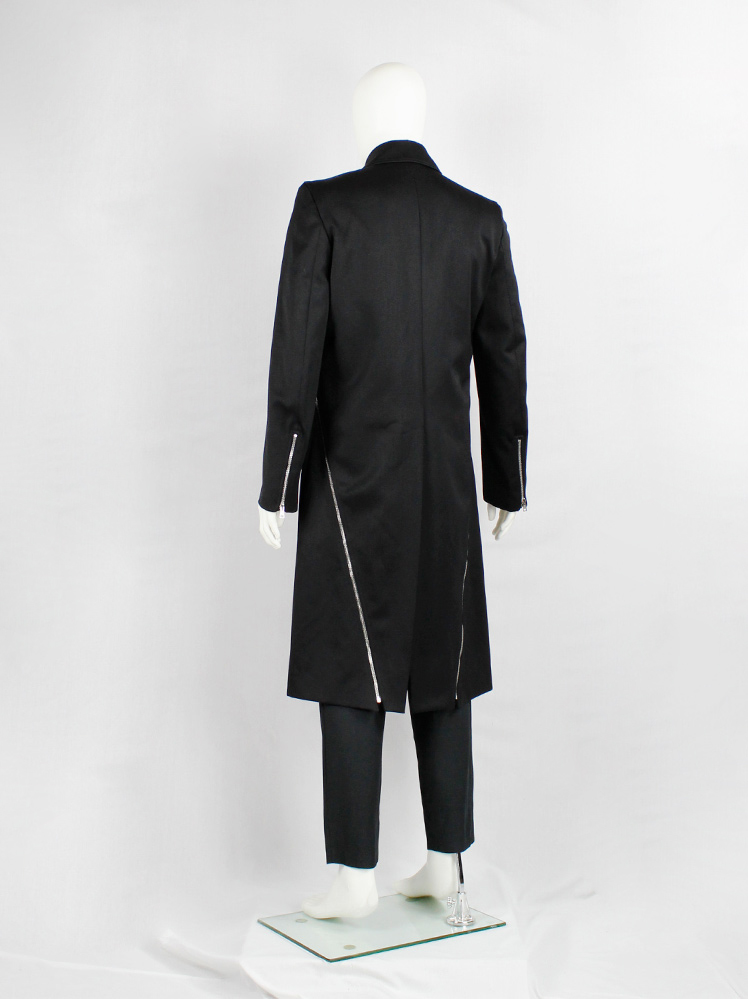 vintage Xavier Delcour black long coat with two silver zippers going from front to back 1990s 90s (21)