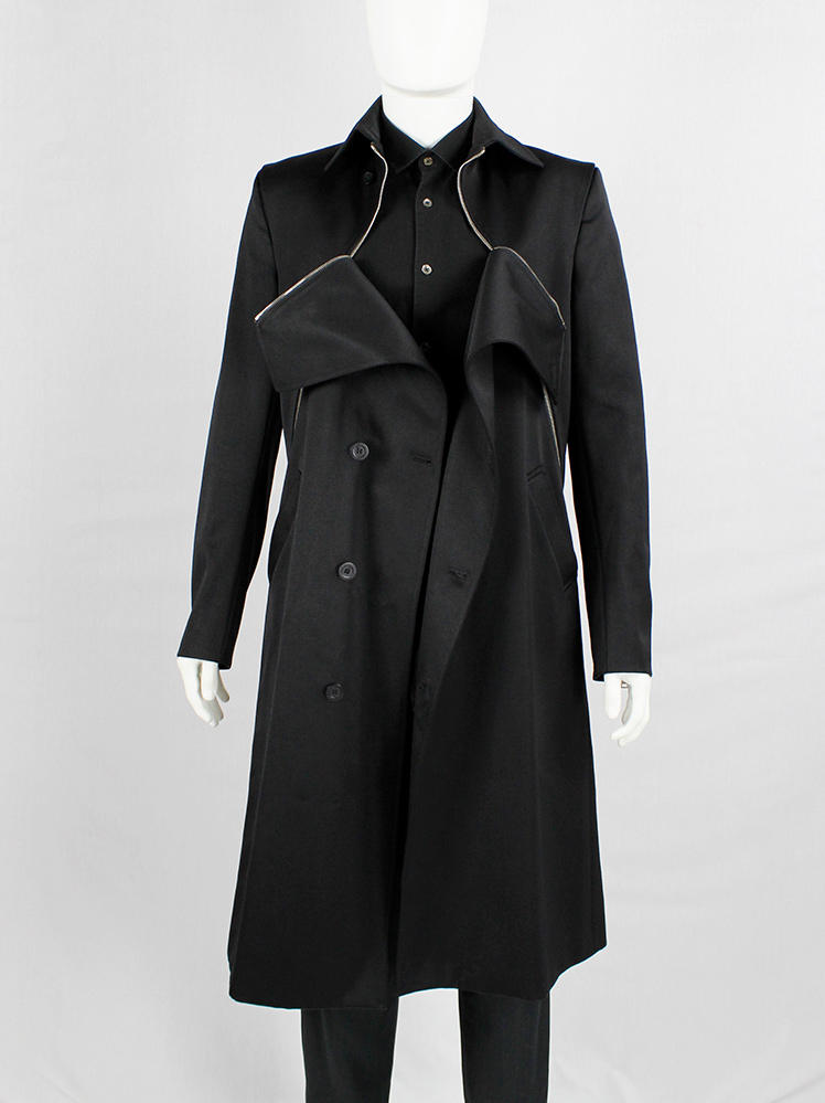 vintage Xavier Delcour black long coat with two silver zippers going from front to back 1990s 90s (22)
