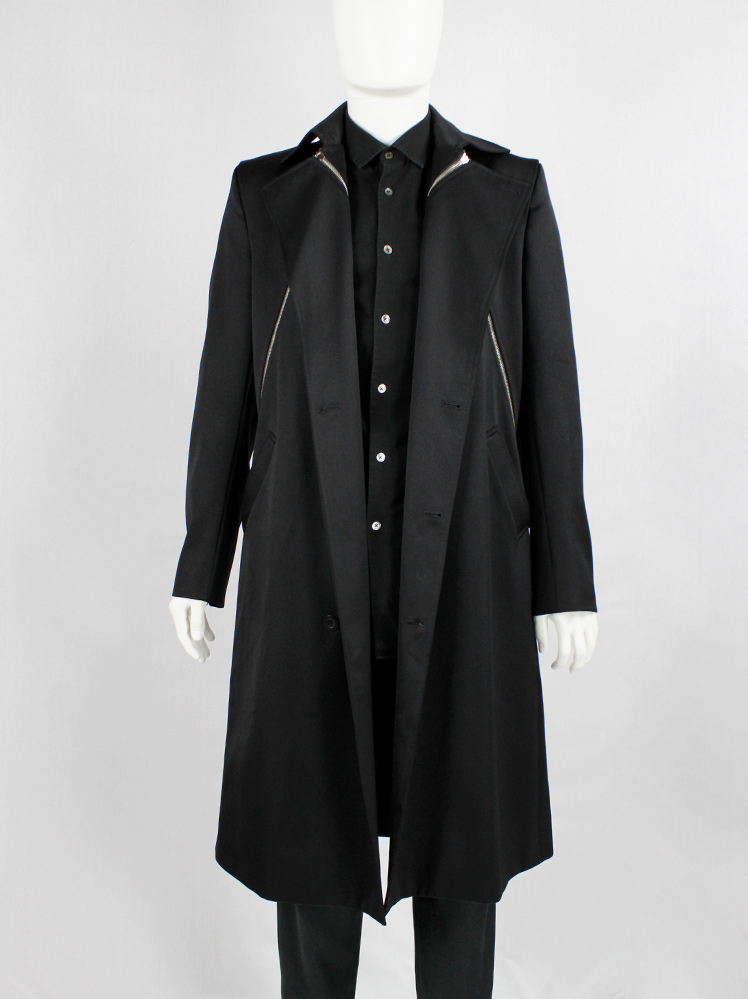 vintage Xavier Delcour black long coat with two silver zippers going from front to back 1990s 90s (3)