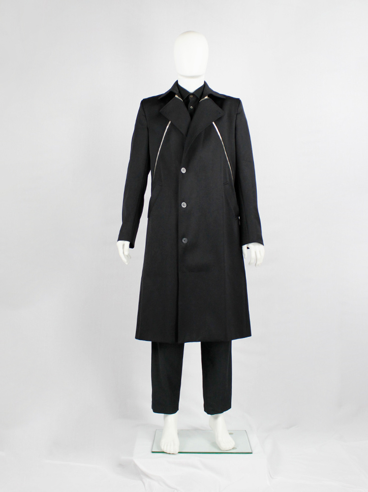 vintage Xavier Delcour black long coat with two silver zippers going from front to back 1990s 90s (4)