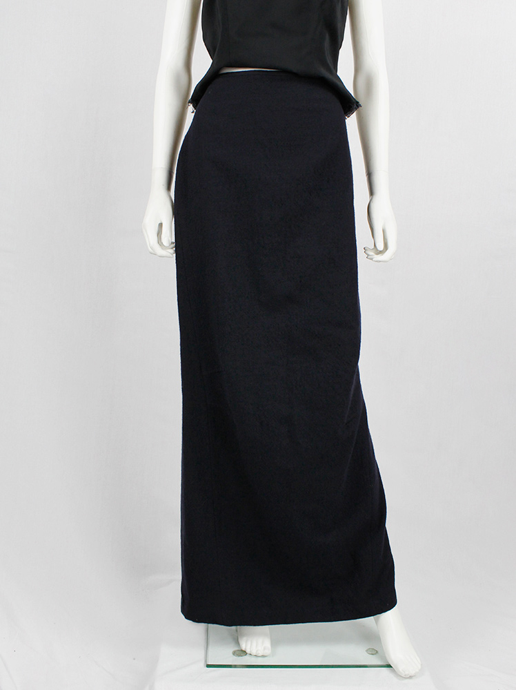vintage af Vandevorst dark blue maxi pillar skirt with wider hips and back slit fall 2013 (1)
