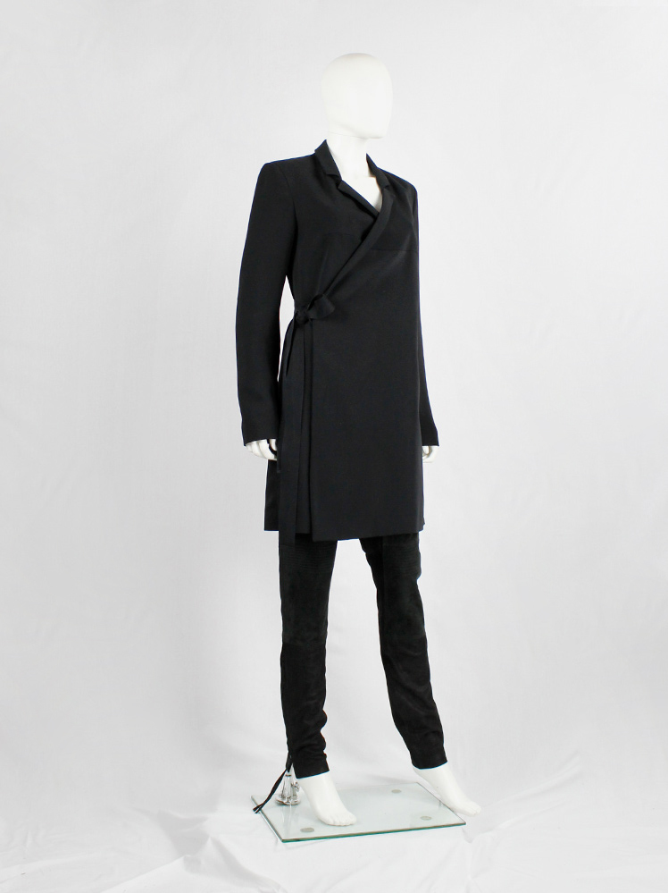 vintage A.F. Vandevorst dark navy asymmetric wrapped long blazer with narrow lapels (6)