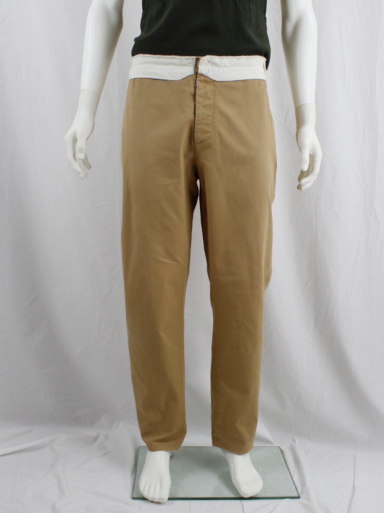 Maison Martin Margiela light brown trousers with folded waistband showing the logo fall 2018 (1)