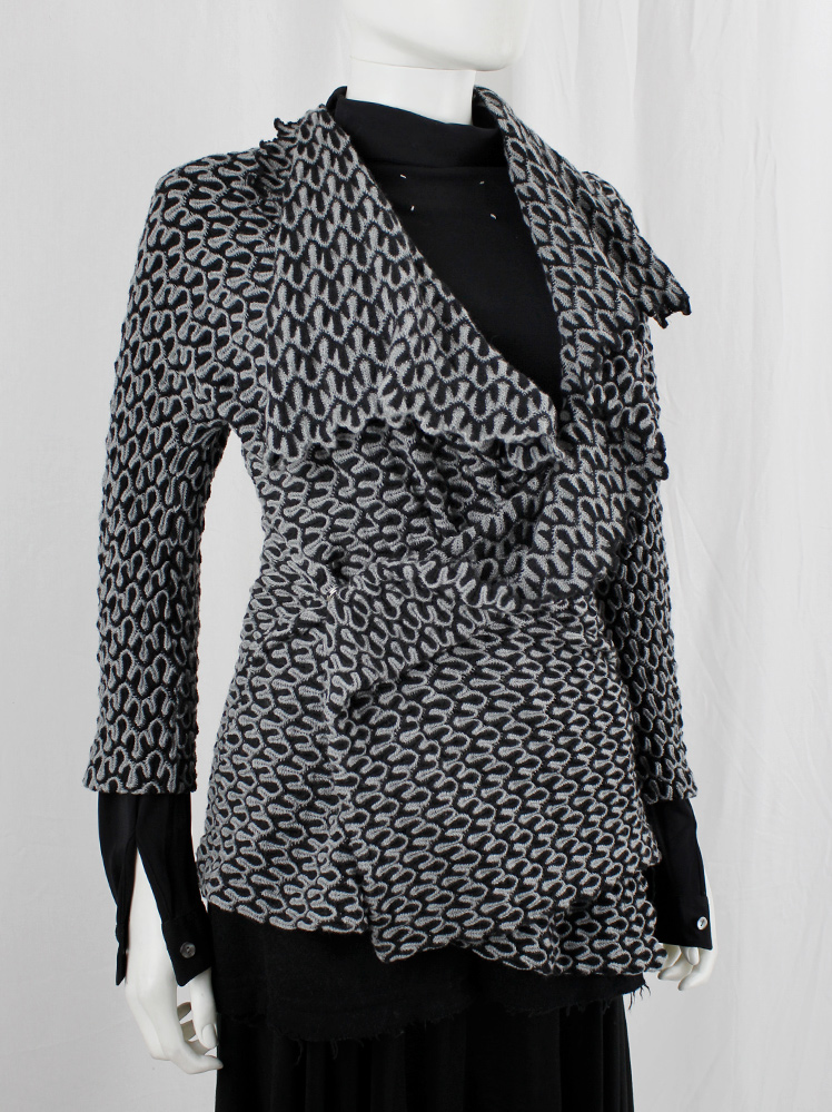 Yohji Yamamoto grey and black wrapped cardigan with drapped collar and wave trim (2)