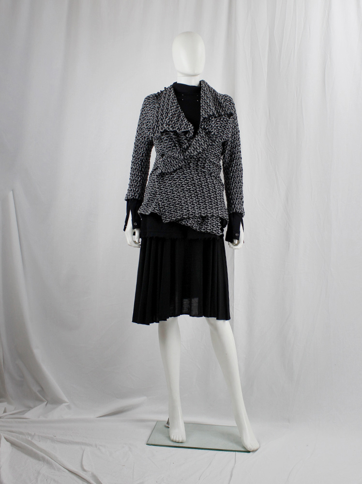 Yohji Yamamoto grey and black wrapped cardigan with drapped collar and wave trim (3)