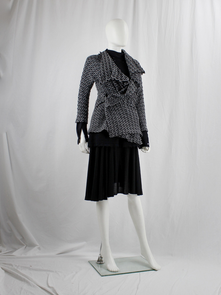 Yohji Yamamoto grey and black wrapped cardigan with drapped collar and wave trim (4)