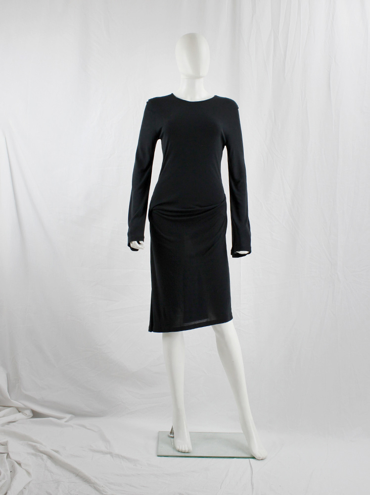 vintage 1990s Ann Demeulemeester black dress with draped hip and wide sleeves 90s (4)