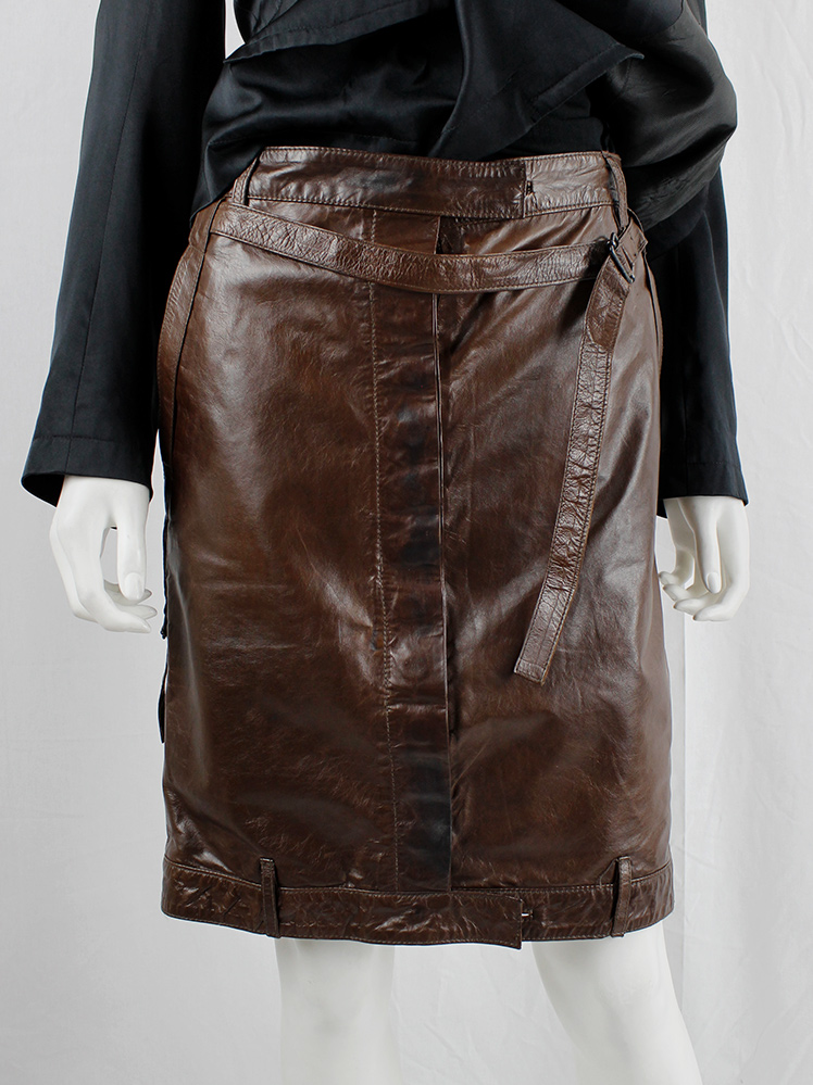 vintage Ann Demeulemeester brown short leather skirt with multiple straps fall 2004 (1)