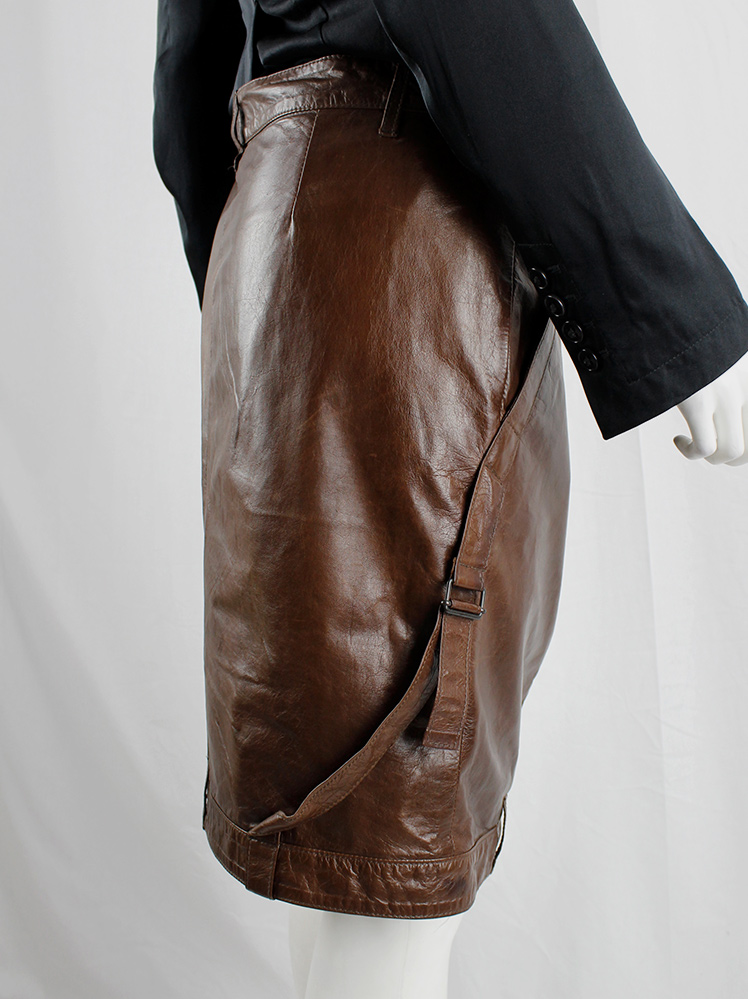 vintage Ann Demeulemeester brown short leather skirt with multiple straps fall 2004 (10)