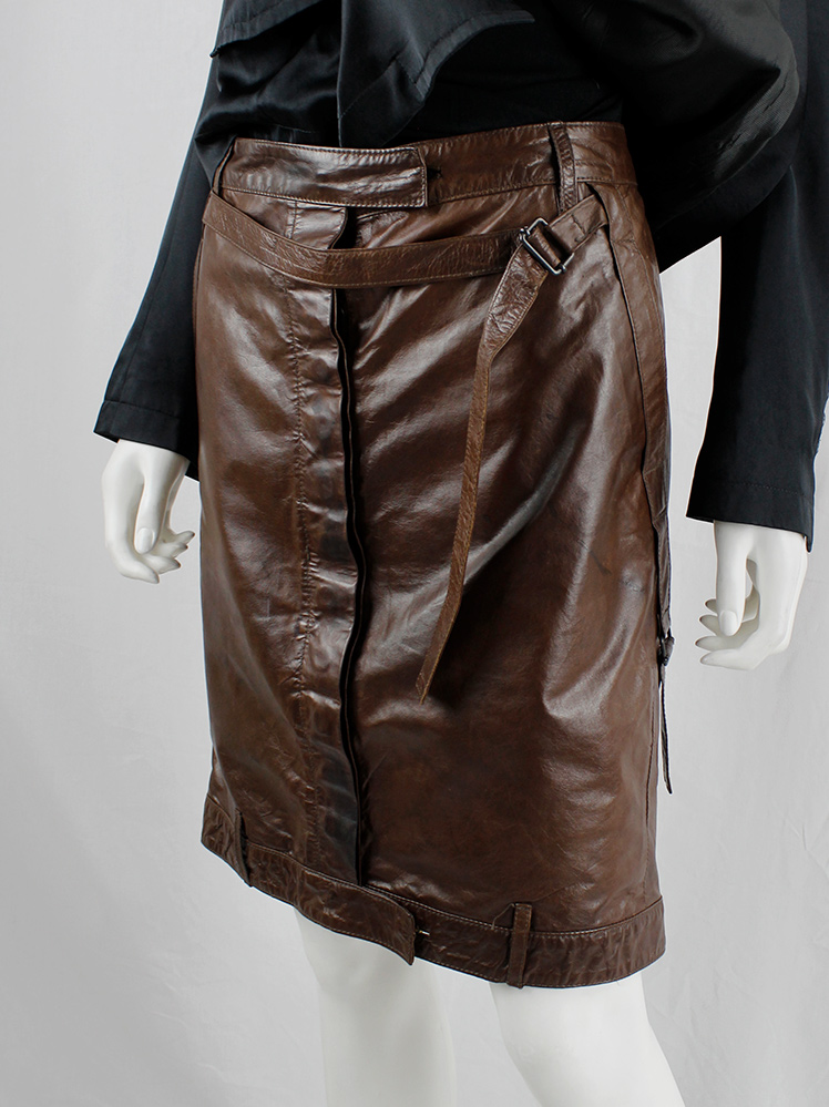 vintage Ann Demeulemeester brown short leather skirt with multiple straps fall 2004 (5)