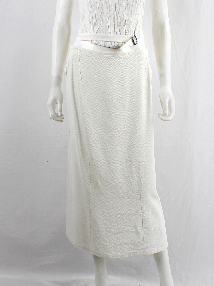 vintage Ann Demeulemeester off-white long skirt gathered by back ties and belt buckle waistband spring 1994 (1)