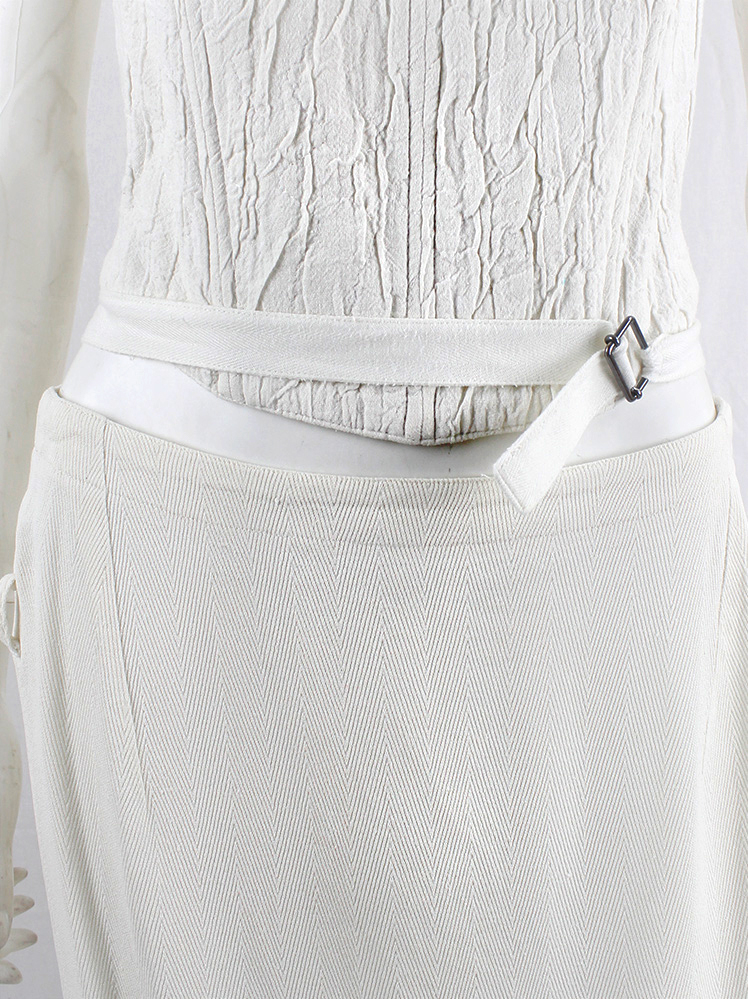 vintage Ann Demeulemeester off-white long skirt gathered by back ties and belt buckle waistband spring 1994 (2)