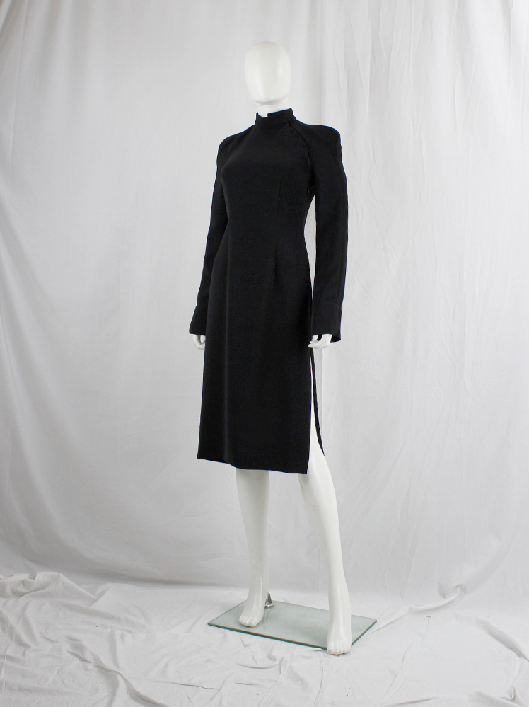 vintage a f Vandevorst black tailored dress with side slit and curved shoulders fall 2001 (1)