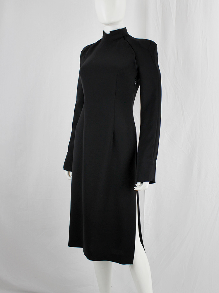 vintage a f Vandevorst black tailored dress with side slit and curved shoulders fall 2001 (2)