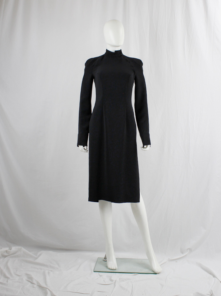 vintage a f Vandevorst black tailored dress with side slit and curved shoulders fall 2001 (20)