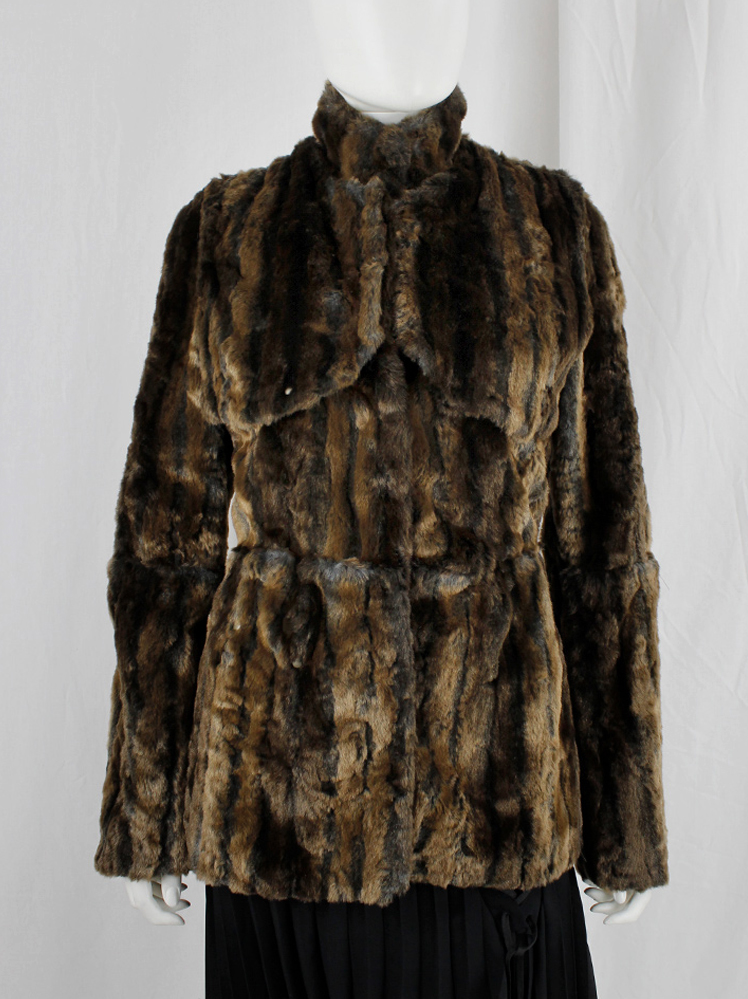 vintage af Vandevorst brown and black faux rabbit fur jacket with studded panels fall 2003 (1)