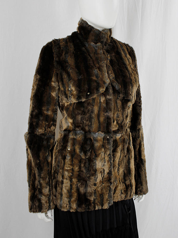 vintage af Vandevorst brown and black faux rabbit fur jacket with studded panels fall 2003 (2)