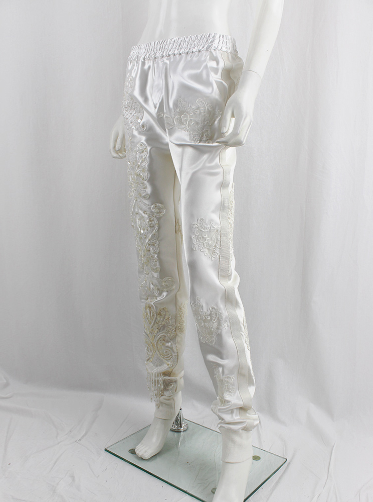 A.F. Vandevorst white satin sweatpants with beaded and sheer vintage wedding fabrics spring 2019 (12)