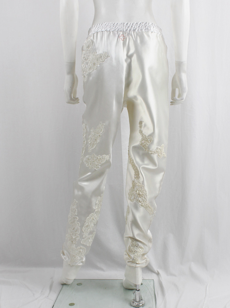 A.F. Vandevorst white satin sweatpants with beaded and sheer vintage wedding fabrics spring 2019 (13)