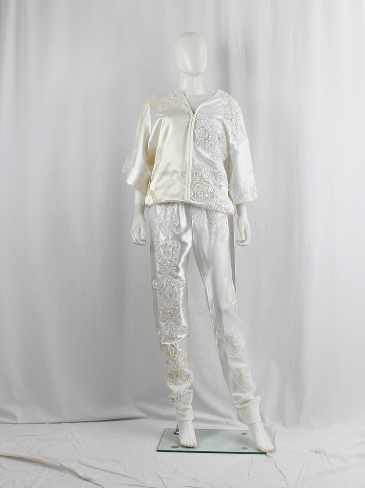 A.F. Vandevorst white satin sweatpants with beaded and sheer vintage wedding fabrics spring 2019 (17)