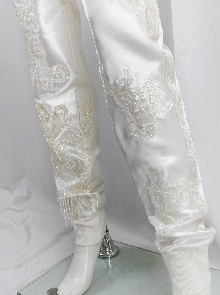 A.F. Vandevorst white satin sweatpants with beaded and sheer vintage wedding fabrics spring 2019 (7)