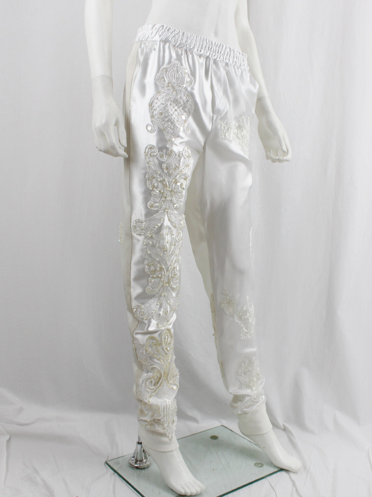 A.F. Vandevorst white satin sweatpants with beaded and sheer vintage wedding fabrics spring 2019 (9)