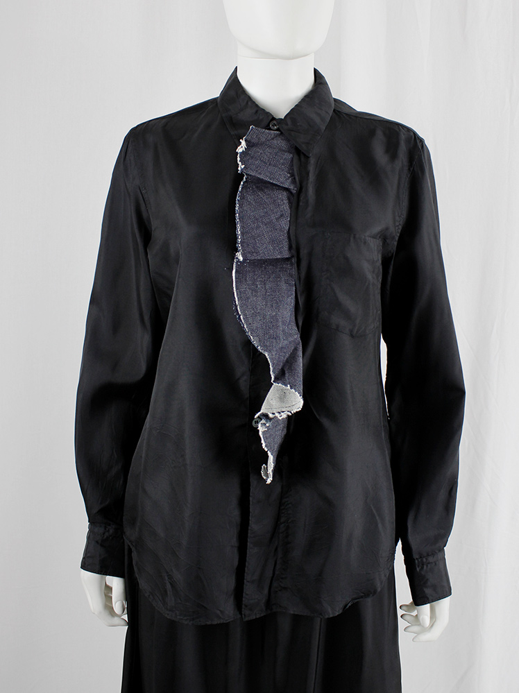 Comme des Garcons Comme set of black shirt and skirt with frayed wavy denim trim (3)