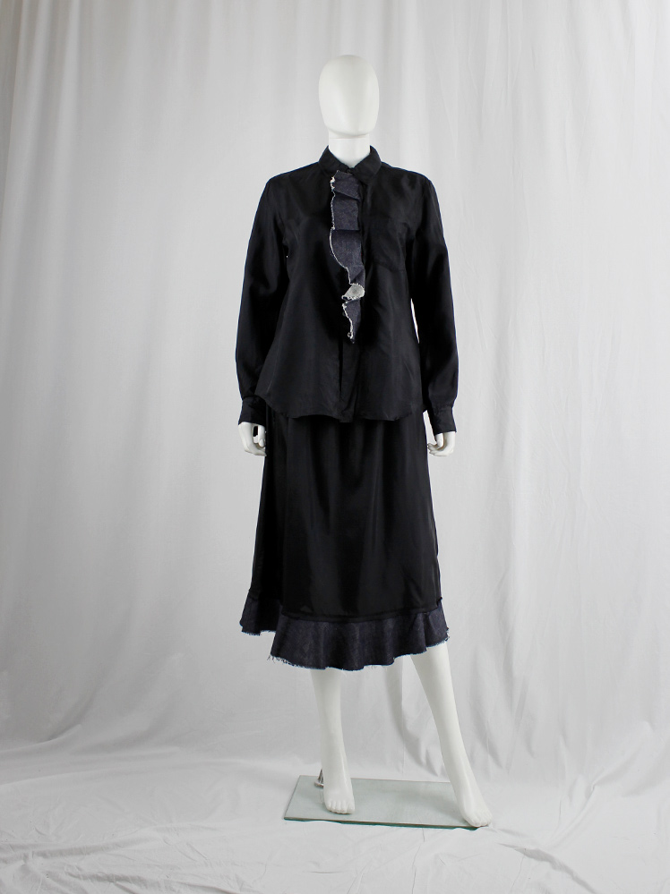 Comme des Garcons Comme set of black shirt and skirt with frayed wavy denim trim (4)