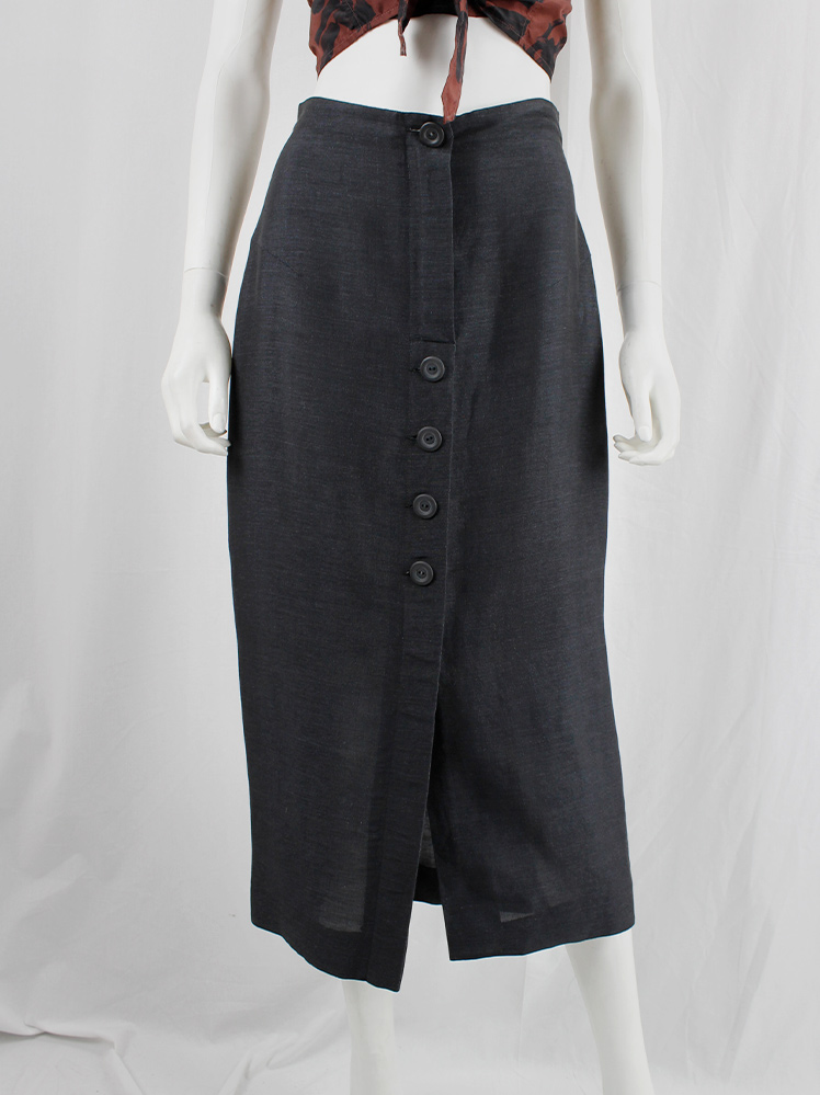 vintage Ingrid Van De Wiele grey long skirt with front slit with buttons 1990s 90s (1)