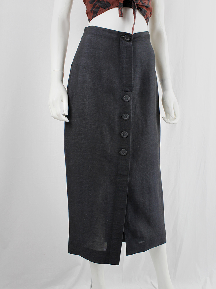 vintage Ingrid Van De Wiele grey long skirt with front slit with buttons 1990s 90s (3)