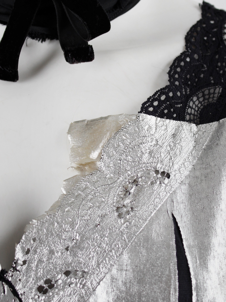 vintage Maison Martin Margiela artisanal black slip dress with lace pressed with silver foil spring 2003 (1)