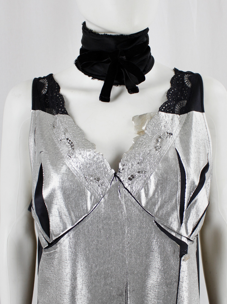 vintage Maison Martin Margiela artisanal black slip dress with lace pressed with silver foil spring 2003 (20)